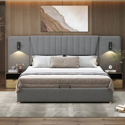 Tweepersoonsbed 180x200cm - met verlengd hoofdeinde - verstelbare leeslamp - USB-oplaadpoort - met opbergruimte - grijs - zonder matras