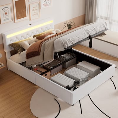 HAUSS SPOLE Gestoffeerd Bed 160x200cm - Met LED Sfeerverlichting en USB en Type C - Hydraulische Opbergruimte - Zonder Matras - Linnen - Wit