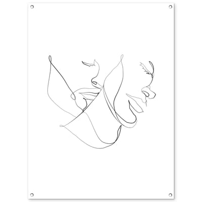 Tuinposter 90x120 cm - Tuindecoratie Abstracte line art van de hoofden van een koppel op een witte achtergrond - Poster voor in de tuin - Buiten decoratie - Schutting tuinschilderij - Tuindoek muurdecoratie - Wanddecoratie balkondoek