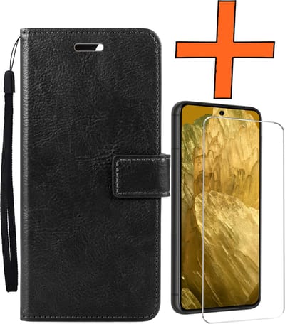 Hoes - Met Screenprotector - Geschikt voor Google Pixel 8a - Luxe Pasjeshouder - Bookcase Portemonee - Flip Case - Kunstleer Book Case - Flipcase - Book Cover - Walletcase - PortemonneeHoes - Zwart