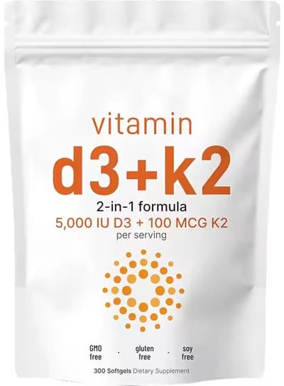 Vitamine D3 - 5000 IU ( 125mcg) + K2 ( MK7) 100 mcg per capsule – 300 Capsules – Hoge Dosering – Ondersteunt Immuunsysteem & Botten 100 % natuurlijke ingrediënten