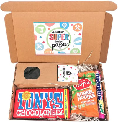 Vaderdag cadeau - brievenbus cadeau pakket - Je bent een Super(handige)papa - chocolade - drop - borrelnootjes