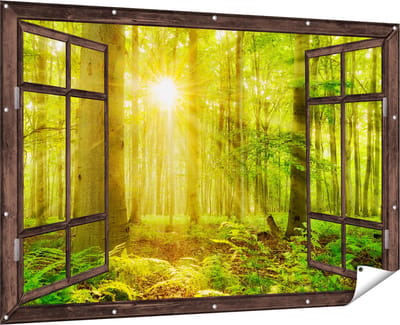 Gards Tuinposter Doorkijk Groen Bos met Schijnende Zonnestralen - 180x120 cm - Tuindoek - Tuindecoratie - Wanddecoratie buiten - Tuinschilderij