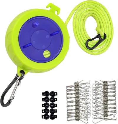 Waslijn uittrekbaar-waslijn camping-waslijndraad-waslijn uittrekbaar buiten-draagbare kampeerwaslijn - Winddichte waslijn voor buiten/binnen/huis/was/hotel - Met 20 winddichte wasknijpers - 10 stoppers - Groen - 10,7 x 8,5 x 5 cm