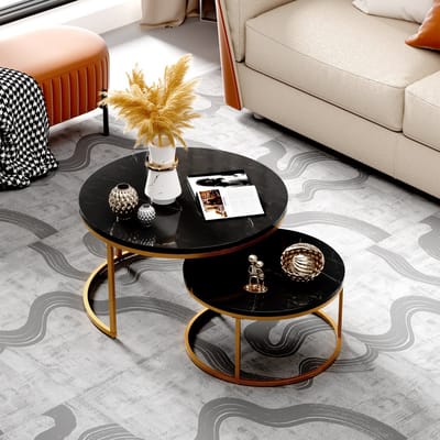 DESMIU Salontafel Set Van 2 - Modern Marmerlook Met Gouden Poten - Voor Woonkamer En Lounge - MDF En Metaal - Zwart Goud - 80x80 Cm En 60x60 Cm