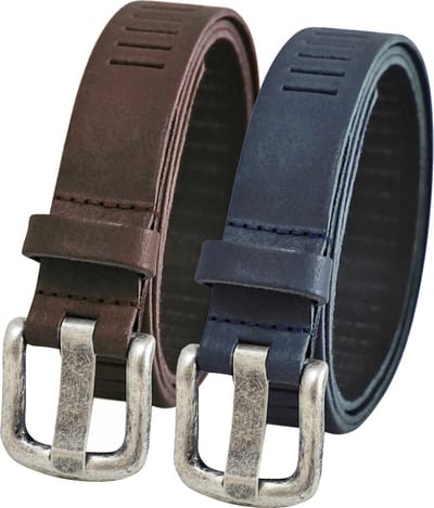 Landley Duopack met Leren Geperforeerde Riemen Smal - Voordeelset met 2 riemen - Breedte 3 cm - Dames en Heren - Bruin en Blauw - Lengte totaal 100 cm / Riemmaat 85