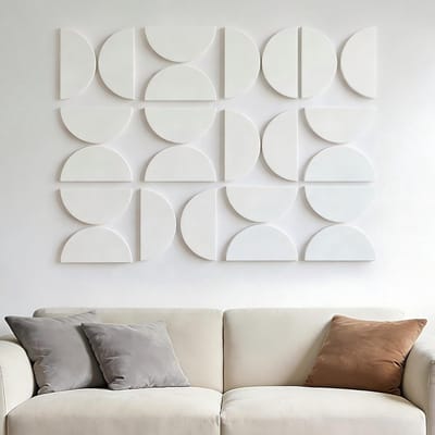 Halfronde 3D-wandpanelen, wanddecoratie, geometrische kunst, grote wanddecoratie, moderne en minimalistische interieurstijl, geschikt voor de woonkamer, slaapkamer en kantoor – set van 24 wandpanelen (wit – 24 stuks)