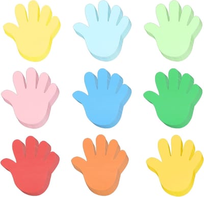 108 stuks kleurrijke handuitsparingen van papier, lente-prikbord uitsparingen in de vorm van voorgesneden handen, met lijm voor klaslokaal
