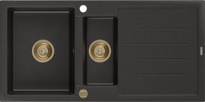 Mexen Andres granieten spoelbak 1,5-komertig met afdruiprek 1000 x 500 zwart/goud metallic, gouden sifon - 6515101510-75-G