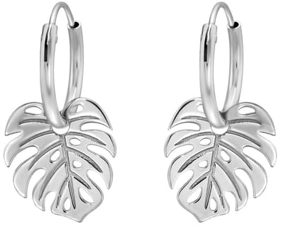 Joy|S - Zilveren blad bedel oorbellen - monstera - oorringen - rhodium / gehodineerd