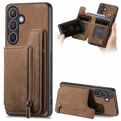 Silicone TPU en kunstleer kickstand retro bruin back cover hoesje case met rits - pasjeshouder - telefoonhoesje geschikt voor de Samsung Galaxy A57 5G