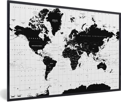 Poster in lijst - Fotolijst 120x80 cm - Posters - Wereldkaart - Zwart - Wit - Atlas - Aarde - Educatief - Posterlijst zwart - Decoratie - Wanddecoratie woonkamer - Muurdecoratie slaapkamer