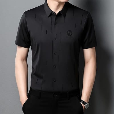 Zomer Nieuw Herenshirt Dunne Korte Mouw Bedrukking Revers Losse Casual Print Kleding voor Jonge en Middelbare Leeftijd 4XL black