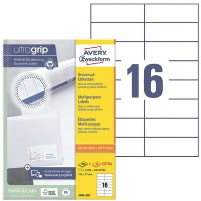 Avery-Zweckform 3484-200 Universele etiketten 105 x 37 mm Papier Wit 3520 stuk(s) Permanent hechtend Laser (zwart/wit), Laser (kleur)