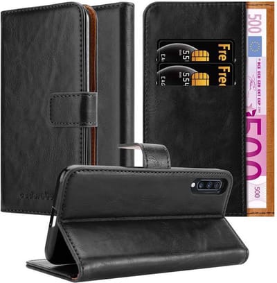 Cadorabo Hoesje geschikt voor Samsung Galaxy A70 / A70s in ZWART GRAFIET - Beschermhoes met magnetische sluiting, standfunctie en kaartvakje Book Case Cover Etui