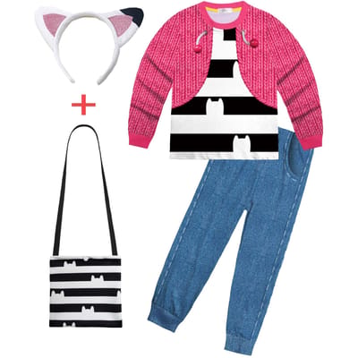 Baby Meisjes Gabbys Dolhouse Kinderen Kostuum Pyjama Gabby Kat Lange Mouw T-shirt+Broek Hoofdband Set Kinderen Halloween Nachthemden 120(5-6Y) gray
