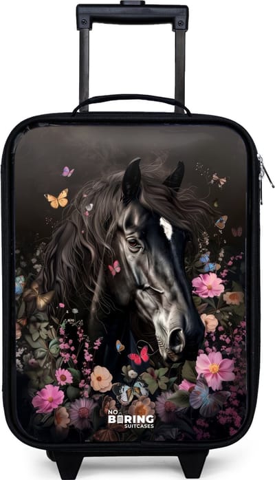 NoBoringSuitcases.com® - Kinderkoffer jongen - Kindertrolley meisje - Zwart paard in bloei - Koffer kind lichtgewicht - Reiskoffer trolley voor kinderen - Koffertje met lichtgevende wieltjes - Rolkoffer zwart