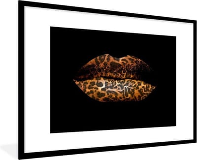 Fotolijst incl. Poster - Lippen - Tijgerprint - Zwart - 120x80 cm - Posterlijst