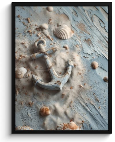 Poster in lijst - Fotolijst 60x80 cm - Posters - Anker - Hout - Schelpen - Zand - Posterlijst zwart - Decoratie - Wanddecoratie woonkamer - Muurdecoratie slaapkamer