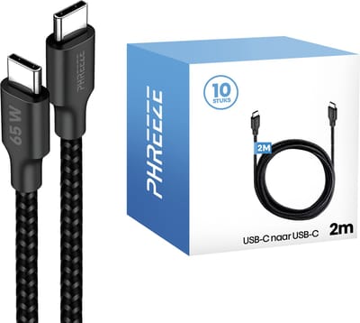 Usb C kabels 2m - Grootverpakking - 65w, 480mbps, nylon gevlochten, zwart - Phreeze