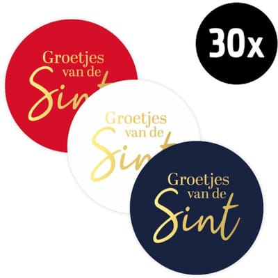 30x Sticker Groetjes Van De Sint - Kleuren Mix - Goudfolie - Sinterklaas Stickers - Sint Etiketten - Pakjesavond - Cadeau - Leuk Inpakken - Sticker - 40mm - 30 Stuks