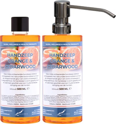 Handzeep Sweet Orange & Cedarwood 500 ml - set van 2 stuks - met gratis RVS zilverkleurige pomp - Voordeelverpakking