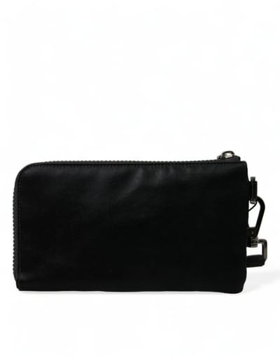 Zwarte Nylon Logo Plaquette Sleutelhanger Pouch Clutch Tas