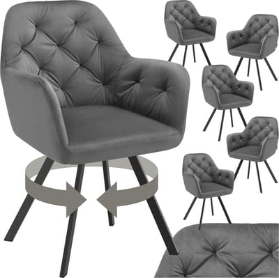tectake® Draaistoel Fluweellook – Eetkamerstoel met Armleuningen – Ergonomische Zitting en Rugleuning – 180° Draaibaar – Moderne Stalen Poten – Set van 6 – Antraciet