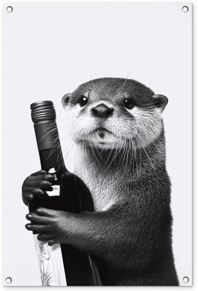 Tuinposter 60x90 cm - Tuindecoratie Wijnfles - Otter - Zwart - Poster voor in de tuin - Buiten decoratie - Schutting tuinschilderij - Tuindoek muurdecoratie - Wanddecoratie balkondoek