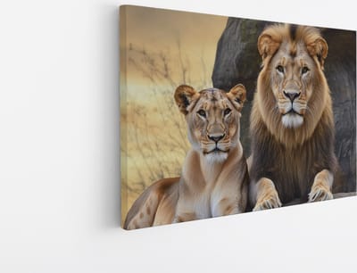 Saammp Canvas Schilderij - Leeuw en Leeuwin op grote steen - Dieren - Natuur - 45x30 - Foto op canvas - Wanddecoratie - Muurdecoratie Woonkamer - Slaapkamer decoratie - Canvas Print