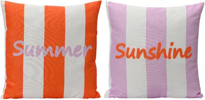 Decoris - Set van 2 Sierkussens met Opschrift "Sunshine" – Lila/Wit & Oranjerood/Wit Gestreept – Polyester - 45×45×4 cm