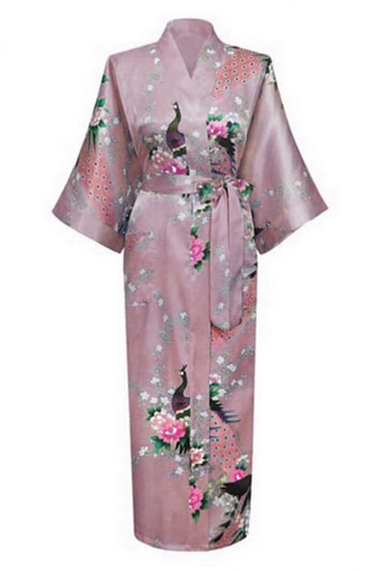 KIMU® Kimono Mauve 3/4 - Maat XS-S - Yukata Satijn Onder de Knie - Driekwarts Paars Taupe Ochtendjas Japanse Kamerjas Sexy Satijnen Badjas Geisha 158 Festival