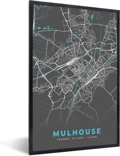 Fotolijst incl. Poster - Mulhouse - Frankrijk - Kaart - Plattegrond - Stadskaart - 40x60 cm - Posterlijst