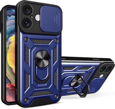 MobyDefend Hoesje - Geschikt voor iPhone 16 Plus - Pantsercase Met Draaibare Ring - Blauw