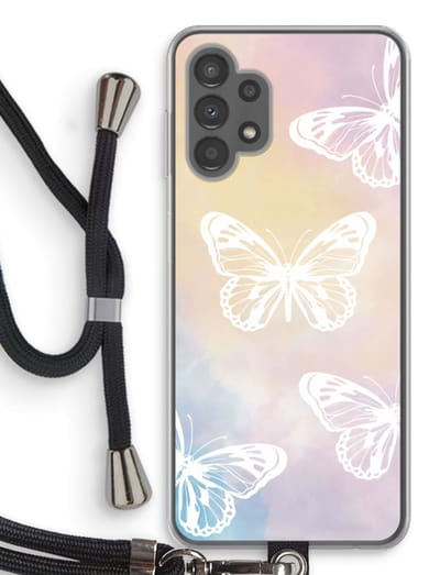 Case Company® - Hoesje met koord geschikt voor Samsung Galaxy A13 4G hoesje met Koord - White butterfly - Telefoonhoesje met Zwart Koord - Bescherming aan alle Kanten en Over de Schermrand