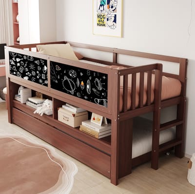 COVREO Kinderbed met uitschuifbed – 90x200 cm – Hoogslaper met krijtbord en opbergrek – voor kinderkamer – Bruin - zonder matras