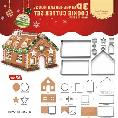 Set van 10 Stuks 3D Kerstkoekjesuitsteekvormen van RVS voor Bakken, DIY Taartdecoraties en Kerstgebak zoals Gingerbread Man en Sneeuwvlok