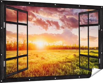 Gards Tuinposter Doorkijk Zonsopkomst in het Veld - 180x120 cm - Tuindoek - Tuindecoratie - Wanddecoratie buiten - Tuinschilderij