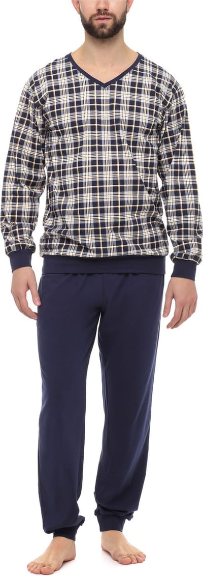 Timone Heren Pyjama - Lang mouwen – Lang broek - Katoen – Geruit1 Marine – M - TI-TI30-107-PJ