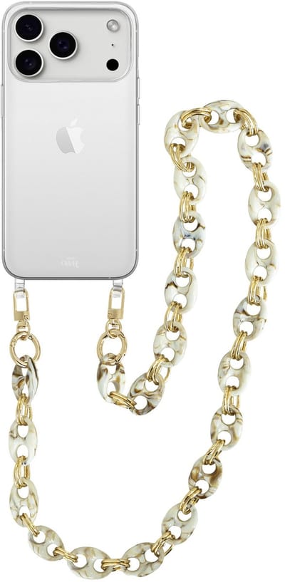xoxo Wildhearts siliconen hoesje - Geschikt voor iPhone 17 Pro Max - Marble Creme - Lang Koord - Telefoonhoesje - Hoesje met koord - telefoonkoord - Transparant hoesje - Lang marmerprint beige koord