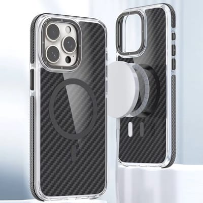 Magsafe Hoesje Geschikt voor iPhone 15 Pro hoesje Heavy Duty Carbon Case Zwart met Versterkte Zijkanten, MagSafe en Camera Kickstand