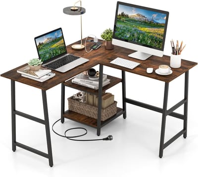 COSTWAY Bureau L-vorm, hoekbureau met stopcontacten en USB-poorten, hoektafel met legplanken, computertafel, bureautafel voor thuiskantoor, 120 x 120 x 75 cm, rustiek bruin
