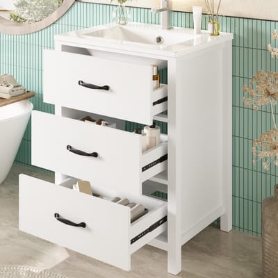 HAUSS SPOLE Badkamerkast - Vrijstaande Wastafelkast Met Keramische Wastafel En 3 Laden - Voor Badkamer - MDF En Keramiek - 61x47x83 Cm - Wit