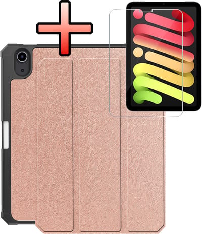 Hoes - Geschikt voor Apple iPad Mini 7 (2024) - 8.3 inch - 7e Generatie - Met Screenprotector - Trifold Bookcase - Hard Cover Case - Met Uitsparing Geschikt voor Apple Pencil - Hardcover Book - Tablet Hoesje - Rosé goud