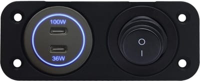 ProRide 12-24V USB C Autolader 2 Poorten Inbouw - 100W+36W - Tuimelschakelaar - Tweevoudig Paneel - Blauw