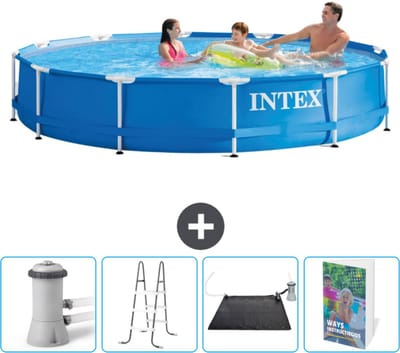 Intex Rond Frame Zwembad - 366 x 76 cm - Blauw - Inclusief Zwembadfilterpomp - Ladder - Solar Mat - Zwembadgids