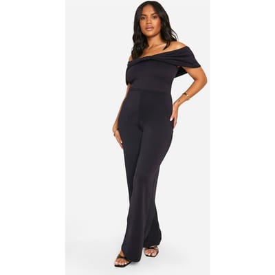 boohoo Dames Plus Scuba Bardot Jumpsuit met strikdetail | Zwart | Maat: 54