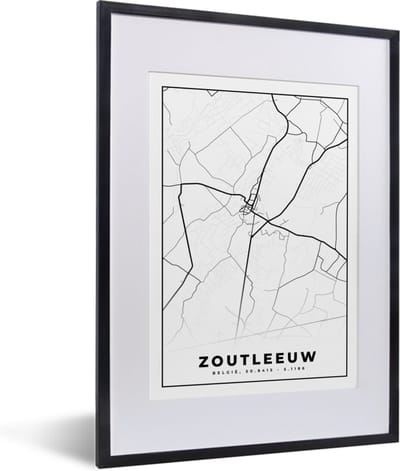 Fotolijst incl. Poster Zwart Wit- Zwart Wit – België – Plattegrond – Stadskaart – Kaart – Zoutleeuw - 30x40 cm - Posterlijst