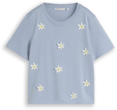 Tom Tailor Denim - T-shirt met losse pasvorm en gehaakte bloemenapplicaties - Maat XL - foggy sky blue