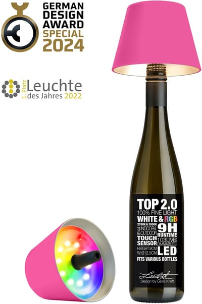 Sompex Flessenlamp " TOP " met houdbare kurk| 2.0 Led| Neon roze - indoor / outdoor - oplaadbaar | RGB